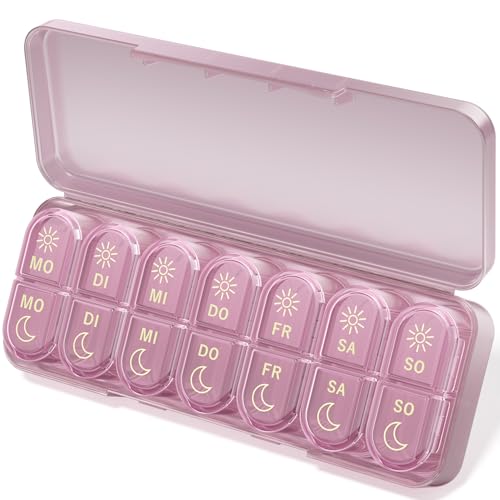 Betife Tablettenbox 7 Tage Morgens Abends, Pillendose Woche 2 Fächer Groß, Medikamentenbox 7 Tage mit Pillenbox Klein für Unterwegs, Tabletten Organizer 14 Tage Tragbare Tablettendose （Violett）