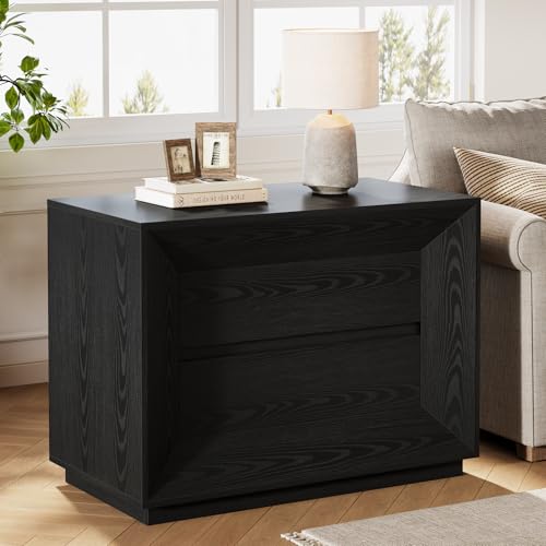 Image of Tribesigns Nightstand, Large Night Stand with 2 Drawers, Oversized Nightstand Bedside Table Sofa End Table for Bedroom, Black