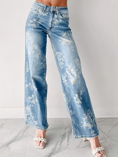 chouyatou Women Distressed Y2K Floral Print Jeans Casual Straight Leg High Waisted Trousers Denim Pants4