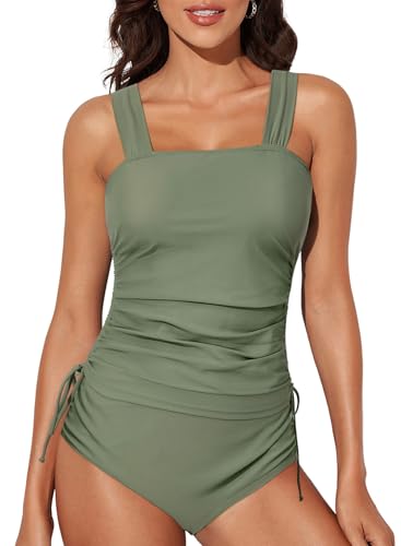 Aleumdr Women's Two Piece Ruched Tankini Swimsuit Set Tommy Control Bathing Suit Side Drawstring Tank Top High Cut Bikini Bottom Swimwear Green Large