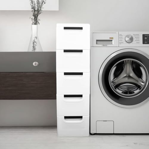 WUDLEP Bathroom Storage with 5 Drawers, Slim Bathroom Floor Cabinet with Wheels, Freestanding Compact Bathroom Organiser Cupboard for Living Room Bedroom, White - Image 7