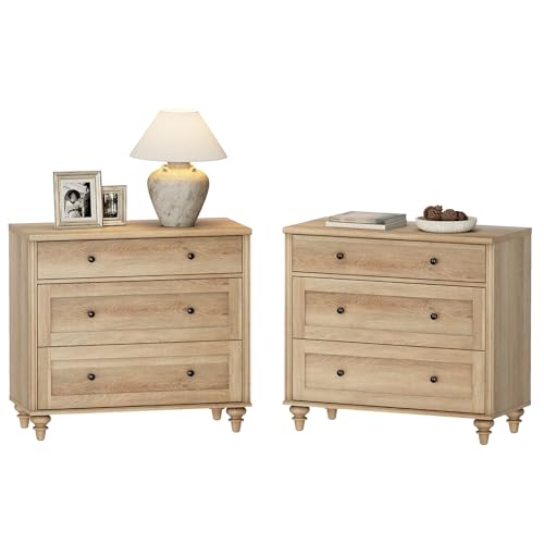 WAMPAT Set of 2 Oak Nightstands with 3 Drawers - 34 Inch Bedside Tables for Living Room and Bedroom