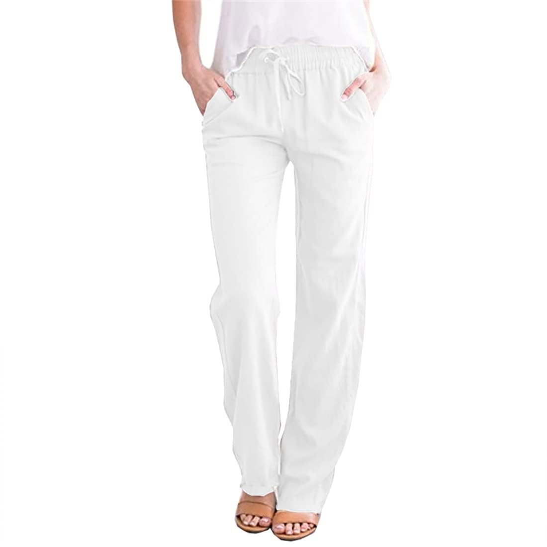 Costaric Womens Casual Elastic Waist Drawstring Pants Straight Cotton with Pockets