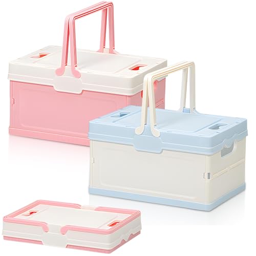 Tianher Storage Box, 2 Pcs Cajas Almacenaje Plastico Cajas De Plastico Con Tapa Caja Plegable Almacenaje Caja De Almacenamiento Apilables Adecuado Para Cocina Dormitorio Baño (Azul Rosa)