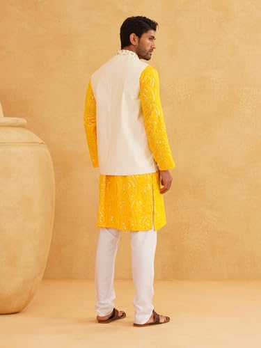 Image of SOJANYA (Since 1958 Men's Pure Cotton Mustard Kurta and White Pyjama With Yellow Embroidery Nehru Jacket