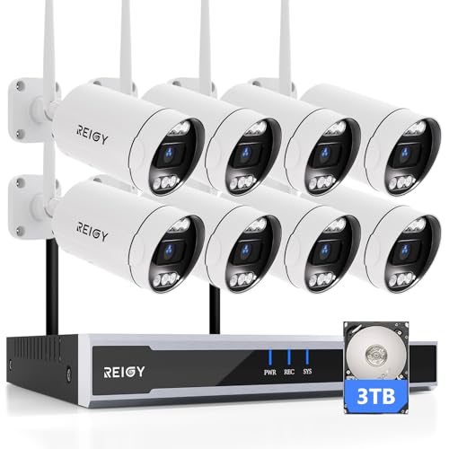 REIGY 5MP Kit Videosorveglianza Wifi 8 Telecamere da Esterno con Disco Rigido da 3TB Preinstallato, Sistema Telecamera Sorveglianza 16CH NVR+ 8* 1920P Camera Outdoor, Impermeabile Audio Bidirezionale