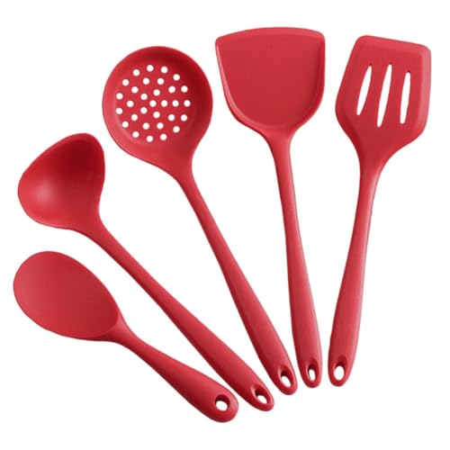 LABRIMP Kit de Utensilios de Cocina de Silicona Rojo Resistente al Calor 5 Piezas para Proteger Sartenes Antiadherentes y Uso Diario