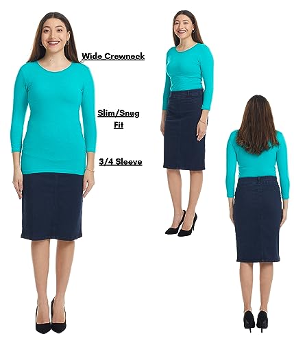 Image of ESTEEZ Women's 3 /4 Sleeve Wide Neck Layering T-Shirt - Modest Cotton Stretch Fitted Base Layer Top