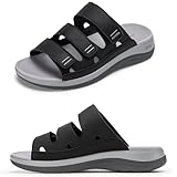 FitVille Weite Pantoletten Damen Offene Sommerschuhe mit Klettverschluss Leichte Senioren Hausschuhe Mules Slipper Bequem Weich Outdoor Strand Badelatschen für Breite Füße Schwarz EU Weit 40