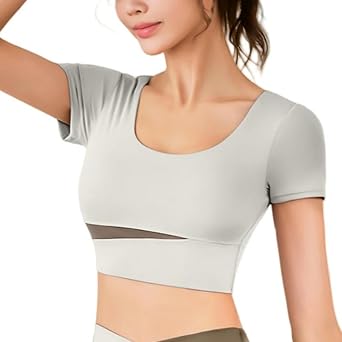 Womens Navel-Exposed Yoga Wear Short-Sleeved Sportswear with Chest Pads Colorblock Fitness Top