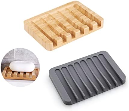 KEUGT 2PCS Soap Dish, Silicone Soap Dish with Drain, Natural Wood Bamboo Soap Dish, Soap Dish with Drain Function, Suitable for Kitchen, Bathroom, etc