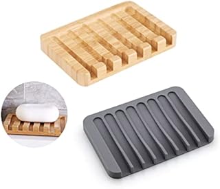 KEUGT 2PCS Soap Dish, Silicone Soap Dish with Drain, Natural Wood Bamboo Soap Dish, Soap Dish with Drain Function, Suitable for Kitchen, Bathroom, etc
