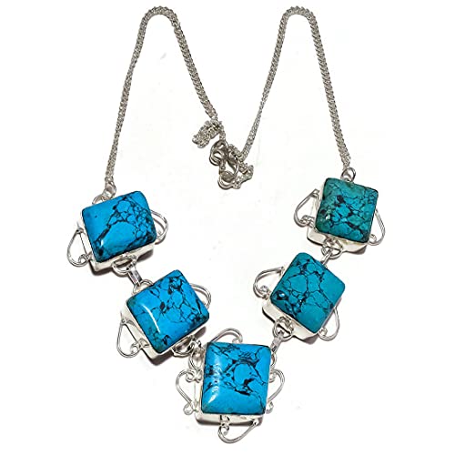 JENAV JEWELS Natural Tibetan Turquoise Cabochon Square Gemstone Handmade Statement Necklace Jewelry, Turquoise Necklace, Gift for Her