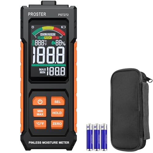 Proster Pinless Damp Meter Tester for Walls - Wall Moisture Meters with Tri-Colour Bar Chart & Sound Alerts Non-Invasive Moisture Reader for Drywall Masonry Hardwood SoftWood Detects up to 20mm