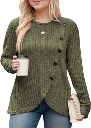 Image of DOLNINE Womens-Plus-Size-Tops Casual Long Sleeve Shirts Trendy Button Side Split Fall Cute Tunic Sweatshirts XL-5XL