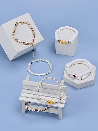 Abitoncc Preppy Heishi Surfer Bracelets Set For Teen Girls, Cute Earrings Aesthetic Rings Preppy Colorful White Gold Clay Bead Stackable Stretch Bracelets Pack, Y2K Jewelry Lightning Bolt Heart Star Preppy Accessories #TOP6