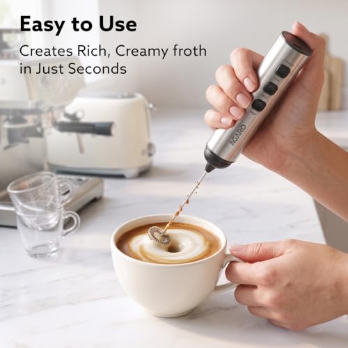 Image of AGARO Regency Rechargeable Milk Frother, 3-Speed Handheld Electric Whisk with Stainless Steel Cover, Portable Mixer for Coffee, Lattes, Hot Chocolates, Shakes & Egg, Home & Office Use, Stainless Steel
