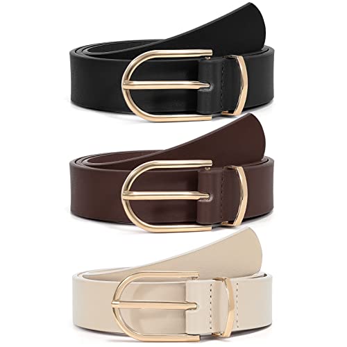 Vonmelli 3 Pack Women's Leather Belts For Jeans Pants Fashion Gold Buckle Ladies Dress Belt Black Coffee Beige S #TOP21