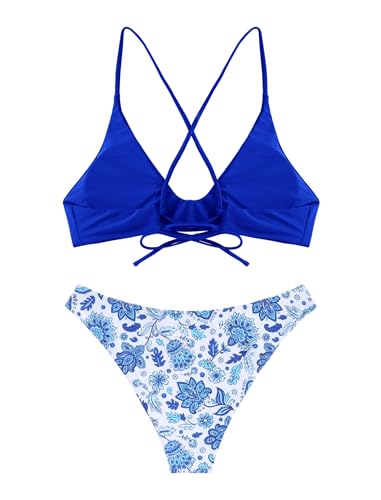 Image of ZAFUL Women's Tie Back Padded High Cut Bralette Bikini Set Two Piece Swimsuit