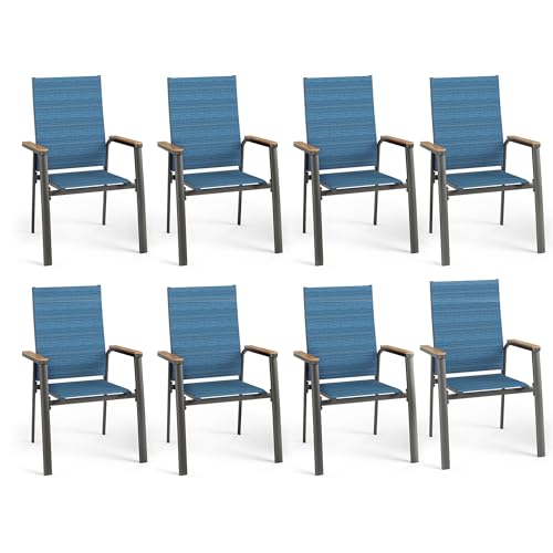 Image of PHI VILLA Outdoor Stackable Dining Chairs Set of 8 w /Aluminum Frame, Blue | Breathable & quick-drying Textilene, Space-saving, Light-weight, Weather-resistant, Patio lawn deck