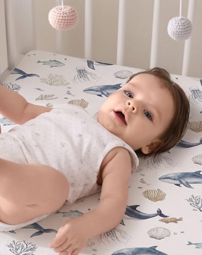 Image of Crib Sheets for Boys and Girls, 2 Pack Fitted Baby Sheets for Standard Toddler Mattress 28 inch x 52 inch, Soft Breathable Jersey Knit Baby Bedding (Aquatic Adventures)