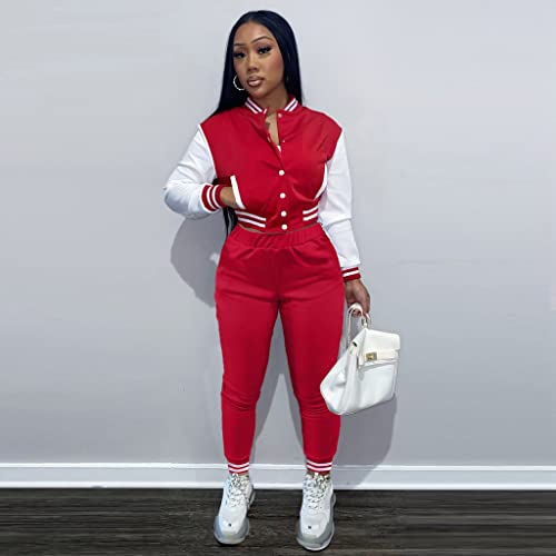 Kelovepan Sweatsuits For Women Set 2 Piece Patchwork Tracksuits Long Sleeve Button Down Crop Bomber Varsity Jacket Pants Set Sexy Red M #TOP1