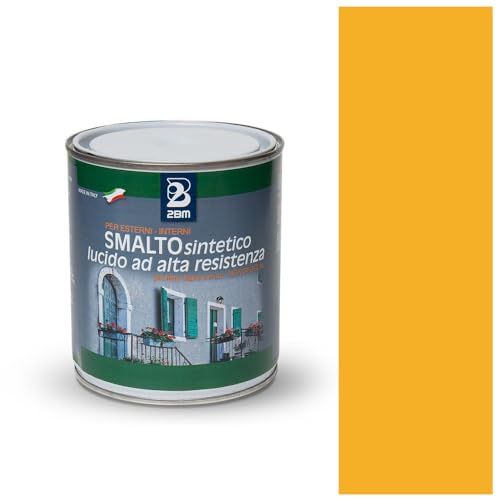 2BM Smalto Sintetico ad Alta Resistenza Giallo Segnale RAL1003 a Solvente Brillante Inodore, Non Ingiallente, Adatto a Legno, Metallo e Muro, Per Interni ed Esterni | Formato 0,75 lt