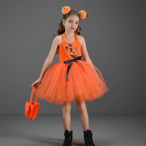 Toddler Girls Halloween Pumpkin Tutus Tulle Dress Performance Bag Headband Set Outfit Photo Shoot Dresses Fall Clothes3