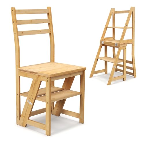 RELAX4LIFE Sedia e Scala in Bambù, Sedia e Piedistallo Convertibili con Blocchi di Sicurezza per Adulti, Scala a 4 Gradini 2 in 1 per Casa Biblioteca Ufficio, Portata 150 kg