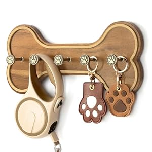 MTERSN Farmhouse Dog Leash Holder for Wall – Dog Stuff Organizer and Dogs Bone Key Holder Wall Mount with 3D Puppy Paw Hooks – Cute Stuff for Pet Lover Gifts (Acacia Wood)