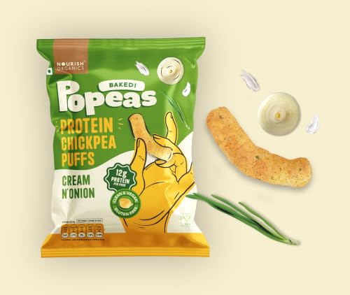 Image of Nourish Organics Protein Puffs | Cream & Onion | Pack of 4 (60g x 4) | 12g Plant Protein Per Pack | Baked Chickpea Snack | 100% Veg | Gluten-Free | No Cholesterol | No Trans-Fat | High Protein Healthy Snack | 240g Total