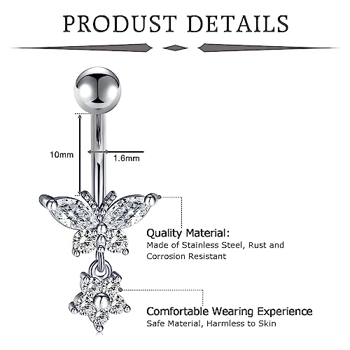 Incaton 14G Belly Button Rings Stainless Steel Dangling Butterfly Heart Diamond Belly Rings Dangle Navel Piercing Jewelry For Women4
