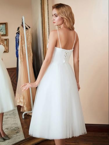 Image of Simple Tulle Short Wedding Dresses for Bride Elegant Spaghetti Straps Tea Length Bridal Shower Dress for Women