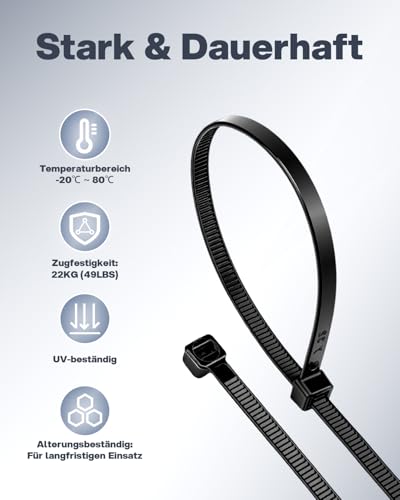 Cleangor Schwarze Kabelbinder Set 500 Stück, Nylon Cable Ties Kabelbinder, Tragfähig Bis 22KG, Ideal Für Kabelmanagement, Garten, Haushalt & Werkstatt (100/150/200/250/300mm (je 100 Stück))