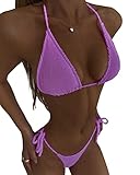 ORANDESIGNE Zweiteiler Badeanzug Damen Sommer Push Up Bandeau Bikini Oberteil und Tunnelzug String Tanga Badehose Set Strandmode Bademode Bauchweg 2 Teiler Einfarbig Neckholder Swimsuit A Violett M