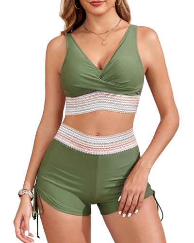 Women's Two Piece Swimsuit with Boy Shorts High Waisted Bikini Sets Sporty Swimming Suits Color Block Bathing Suit Green Large