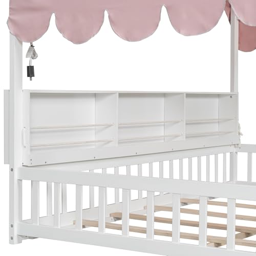 Image of Full Size Wooden Floor Bed for Kids,House-Shaped Daybed with Fense,3 Storage Bookshelves,Curtain and LED Light (White+Pink6)