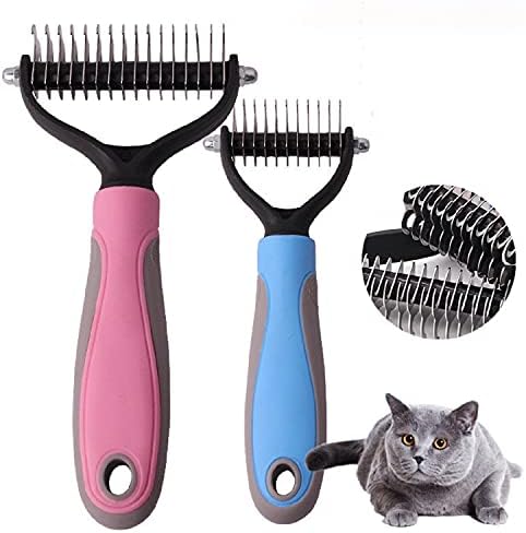 PetsPur, Grooming Deshedding Brush (2 Pack-Pink + Blue) – Double Sided (17 & 9 Teethes) Undercoat Shedding and Dematting Rake Comb Dogs and Cats, Extra Wide.