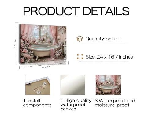 Image of Frimeeme Vintage Pink Roses Bathtub Floral Framed Canvas Wall Art 16x24