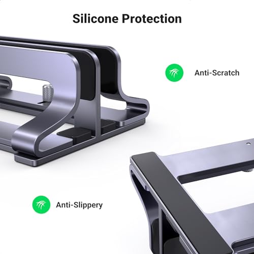 Image of UGREEN Vertical Laptop Stand for Desk, Dual Slot Aluminum Holder, Adjustable Dock, Compatible with MacBook, Chromebook, up to 17.3 Inch, Grey