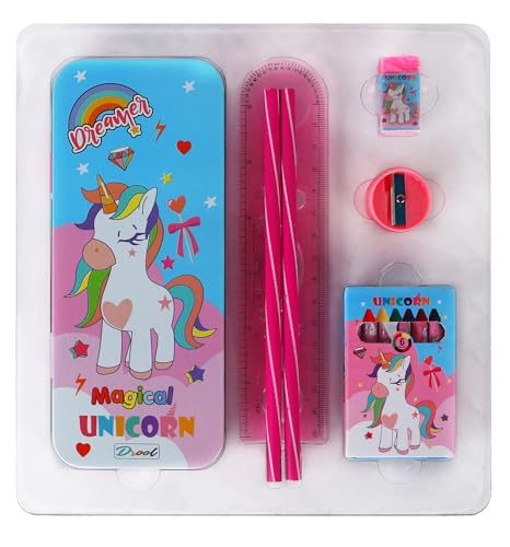 Image of Jiada Unicorn-Themed Stationery Set for Kids - School Kit with Pencil Case, Pencils, Eraser, Ruler, Sharpener & More - Cute Stationery Items with Free Paper Bag