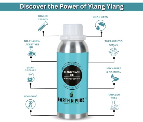 Image of Earth N Pure Ylang Ylang Essential Oil | 100% Pure & Natural | Steam Distilled & Undiluted | For Relaxation, Skin & Hair Care | 250ml