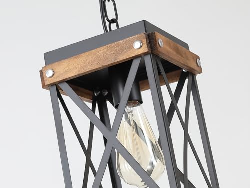 2 Pack Rustic Farmhouse Wood Pendant Light Fixture One-Light Adjustable Chain Oak Wood and Metal Lantern Cage Small Pendant Lighting for Kitchen Island Sink Hallway Farmhouse Bathroom Bar, Black - Image 5