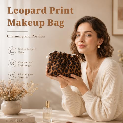 Image of MAYCREATE Leopard Makeup Bag for Women Girls,Cute Cheetah Travel Toiletry Cosmetic Bags,Aesthetic Make Up Bag Portable Zipper Skincare Storage