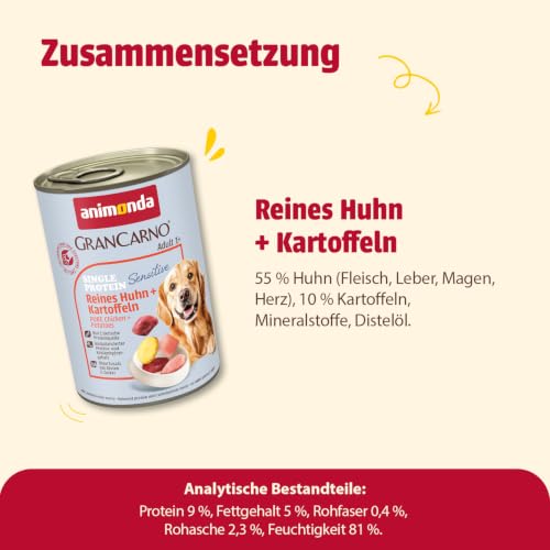 animonda GranCarno Hunde Nassfutter Sensitiv Huhn + Kartoffeln (6 x 400g)