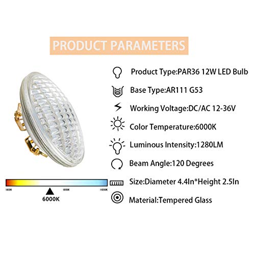 Par36 Led Landscape Light Bulbs 12W 1280Lm 80W Halogen Landscape Bulbs Equivalent,12-36V Daylight 6000K Led Dc Light Bulbs For Trator Light,Off-Road Vehicles,Landscape Well Light,2 Pack #TOP1