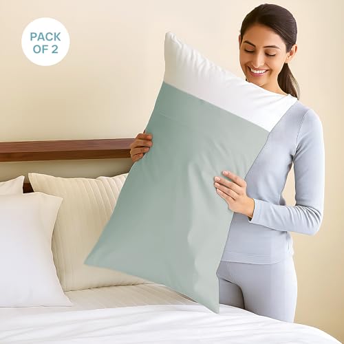 Image of Blue Dahlia 100% Cotton, Standard Size Pillow Covers (18 inch x 28 inch), Set of 2 Pillow Covers, Silky Smooth Feel, 1000TC Solid Pillow Covers, Colour: Sage Green