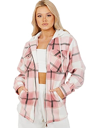 Crazy Fashion Womens Check Fleece Casual Jacket Shacket Women Long Sleeve Top Shirt Tunic Oversize Baggy Coat (Hooded Pink, 8)