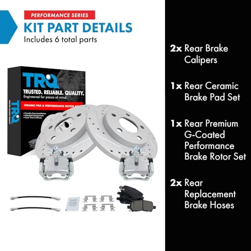 Image of TRQ Performance Rear Brake Pad and Rotor Set Ceramic Slotted Drilled Coated Rotors Calipers Compatible with 2005-2008 Pontiac Grand Prix