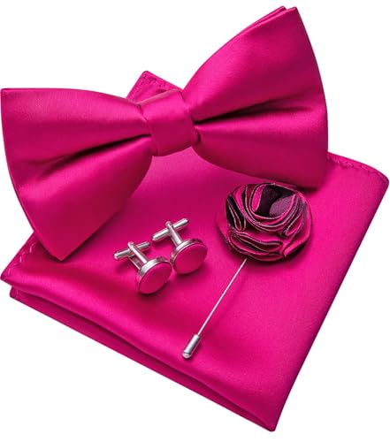 Image of Solid Color Bow Ties for Men Silk Pre-tied Tuxedo Bowtie Set 4PCS | Pre-tied in 3 seconds,adjustable 4PCS bow tie and pocket square cufflinks lapel pin set,wedding,formal,party,prom,graduation